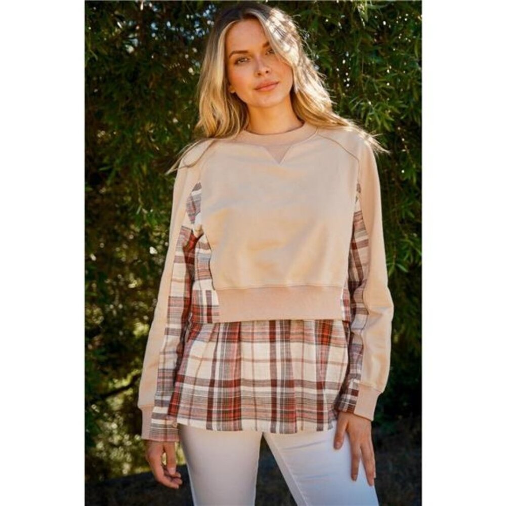 And The Why Full Size Double Layered Plaid Contrast Sweatshirt‎